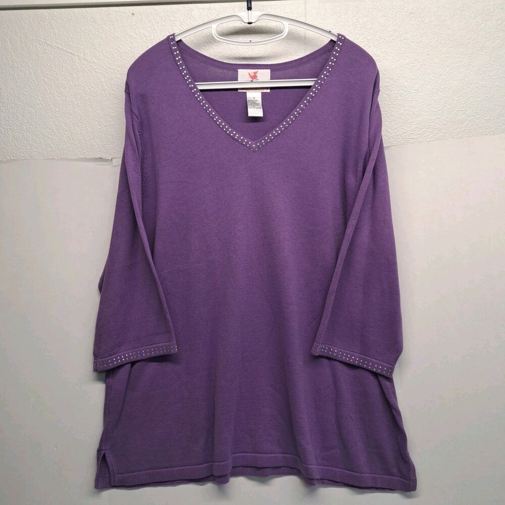 Quacker Factory Purple Knit Top Rhinestone Detail 3/4 Sleeve V-Neck Womens 1X